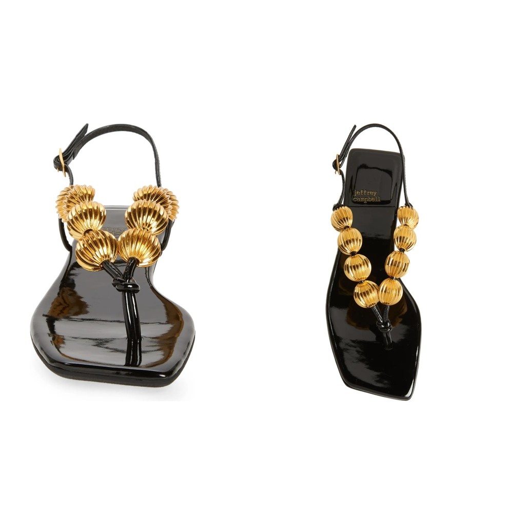 Jeffrey Campbell Yucatan gold Bead Thong Square Toe Black flat Sandals Sz 5 NEW